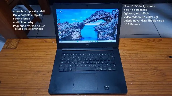 Notebook DeLL core i7, video r7 260m 2gb, 8gb ram e ssd 120gb, aceito cartão