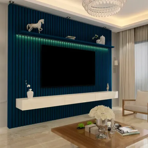 Sala home rack bancada painel ripado