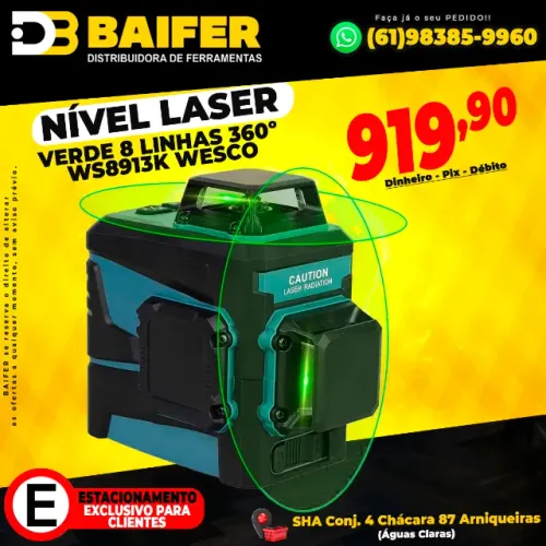 Nível Laser Verde 8 Linhas 360º Ws8913k Wesco