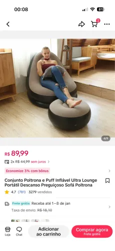 Conjunto poltrona e puff inflável ultra lounge acompanha ferramenta para encher) 