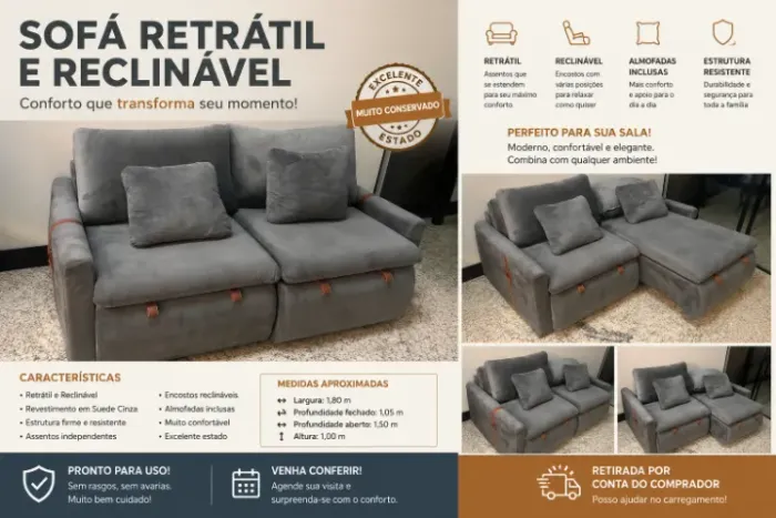 Sofá Retrátil e Reclinável 2 Lugares em Suede Cinza - Muito Conservado