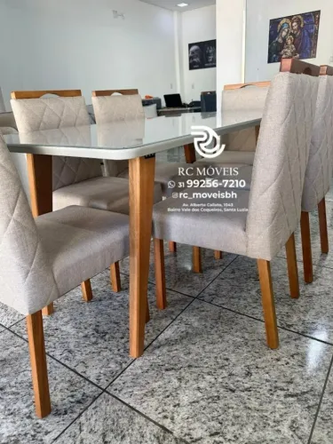 Mesa de jantar 1,70x0,90 Tampo Vidro Laqueado + 6 Cadeiras Madeira maciça