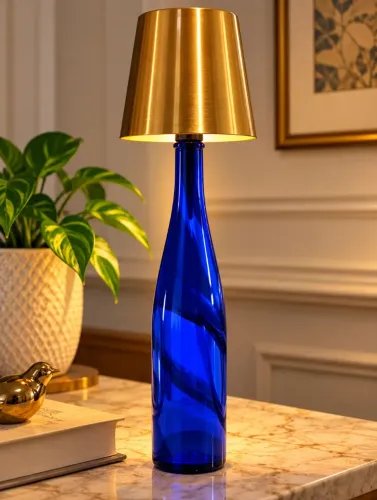 Abajur Artesanal Azul Cobalto com Cúpula Dourada ?