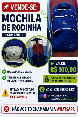 Vende-se: mochila de rodinha. Usada inteira. 