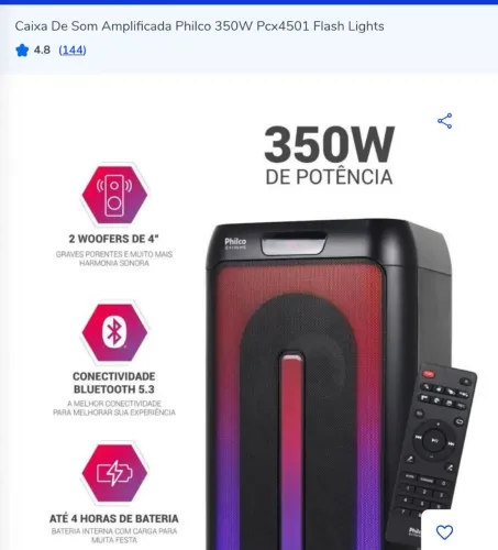 Caixa de Som Amplificada Philco PCX4501 Flash Lights - 350W de Potência! ?
