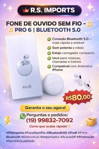 Fone de ouvido bluetooth 5.0