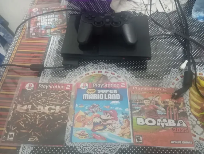 Console PS2 um controle 3 jogos e os cabos 
