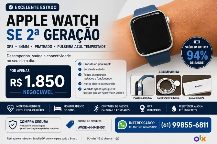 Apple Watch SE 2ª Geração 44mm GPS 94% Bateria - Completo