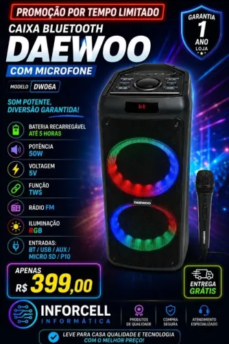 Caixa Bluetooth Daewoo até 5h Bateria com Microfone