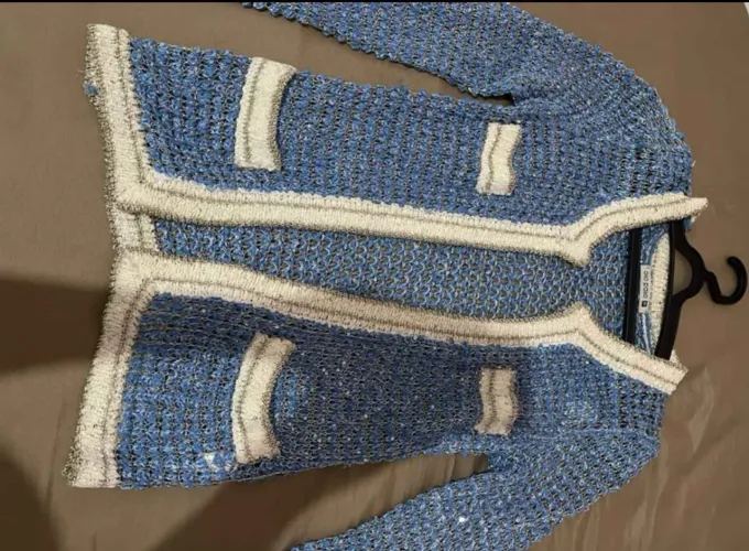 Jaqueta cardigã tricô brilhante tweed azul e branco