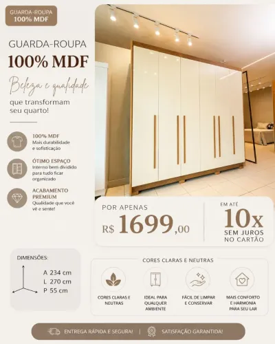 GUARDA-ROUPA CASAL MDF PREMIUM - 10X SEM JUROS