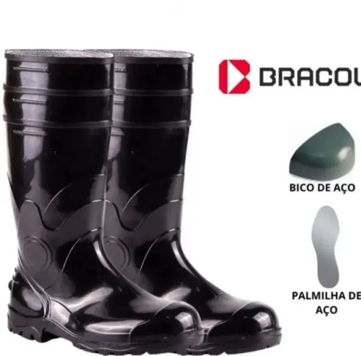 Bota PVC galocha borracha cano longo preta com bico e palmilha
