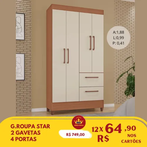 PROMOÇÃO URGENTE - Guarda-Roupa Star 100% MDF 4 PORTAS Canelato apenas 12x de R$64,90