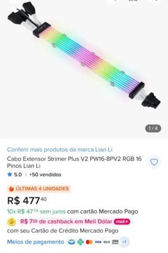 Cabo Extensor Strimer Plus V2 PW16-8PV2 RGB 16 Pinos Lian Li LACRADO