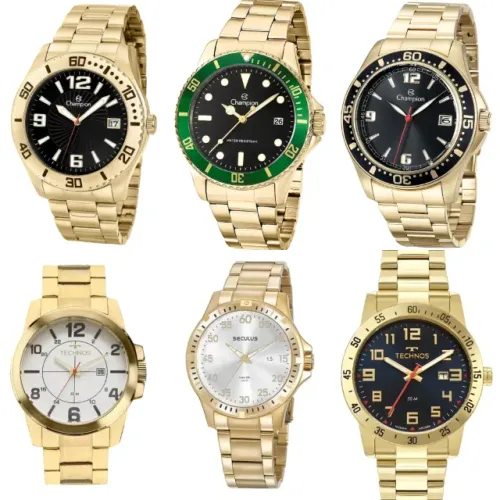 Relógio masculino dourado, nota fiscal. Valor varia de 250,00 a 280,00 reais. Originais.