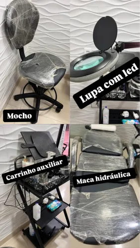 Maca hidráulica, Carrinho auxiliar, Mocho, Lupa, Escada
