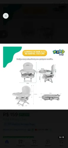 Cadeira de alimentação Maxi Baby modelo Zip 15kg ( nova, nunca usada). Cor Cinza