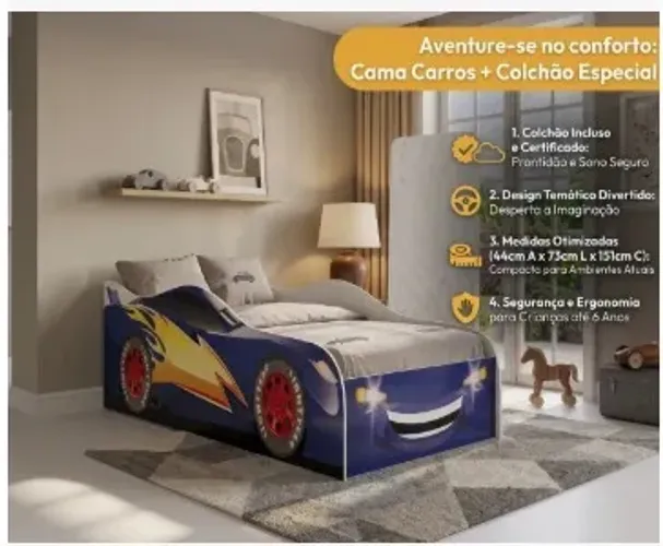 Cama com colchão infantil carro azul Montessoriana Criança (71). *