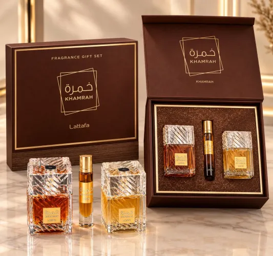 Kit Lattafa Khamrah Qahwa 100ml + Perfume 12ml + Capilar 50ml Original Lacrado
