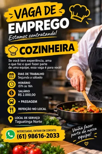 VAGA DE EMPREGO COZINHEIRA OU AUXILIAR DE COZINHA