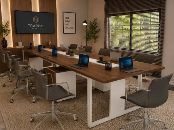 Mesa de Reunião Delluxe Wood. Alto Padrão: 8 tomadas L260cm x L120cm x A74cm.
