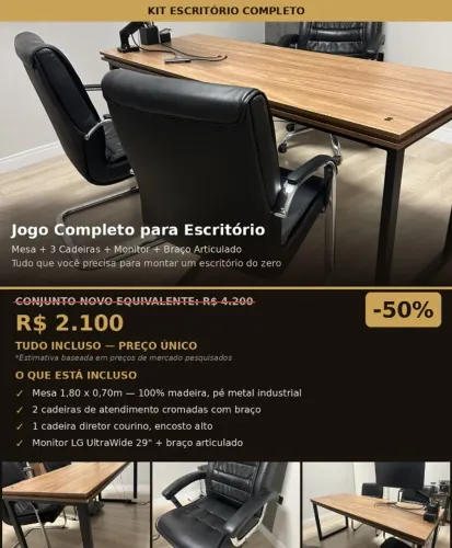 Jogo Completo para Escritório, Mesa + 3 Cadeiras + Monitor + Braço Articulado