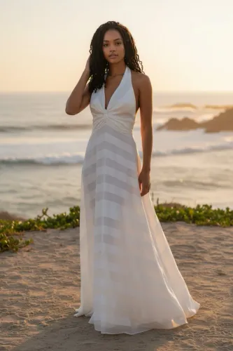 Vestido Longo Off-White Listrado Decote