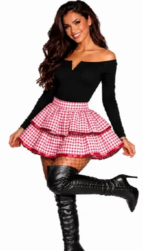 Saia Xadrez Vichy Vermelho Branco - Modelo Curto com Babados | Festa Junina e Fantasia