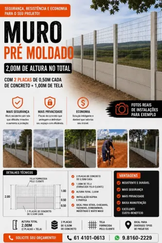 Muro Pré-Moldado Rápido e Seguro - Alturas 2m, 2,20m e 2,50m - 2 Placas