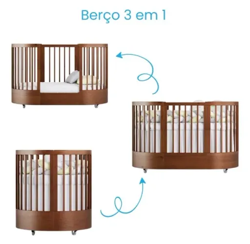 Berço Redondo Multifuncional Evolutivo Oval 3 Em 1 + colchão 