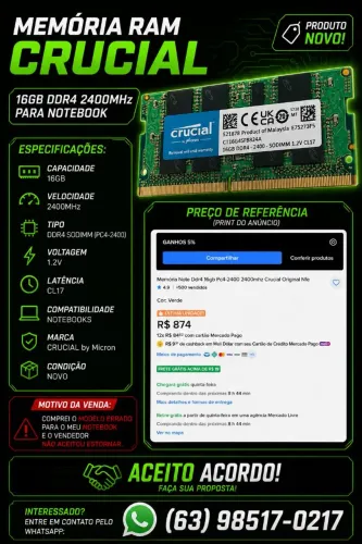 Memória RAM Crucial 16GB DDR4 2400MHz CL17 para Notebook | Original | Aceito Proposta