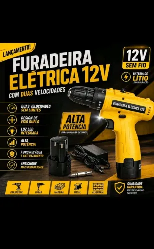 Furadeira Parafusadeira elétrica 12V Bateria e Carregador