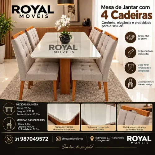 Mesa de Jantar Retangular 04 Cadeiras Estofadas 120M. Produto Novo Direto da Fábrica.