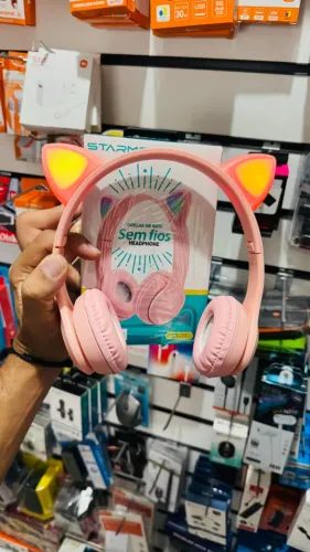Fone Bluetooth com design de gatinho e Luz Led