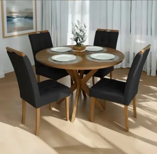 Conjunto Mesa Roma Redonda 108 com 4 Cadeiras Estofadas