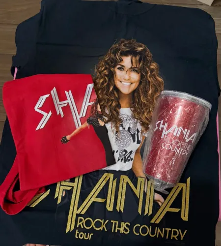 Kit camiseta + ecobag + copo térmico Shania Twain Tour Rock This Country