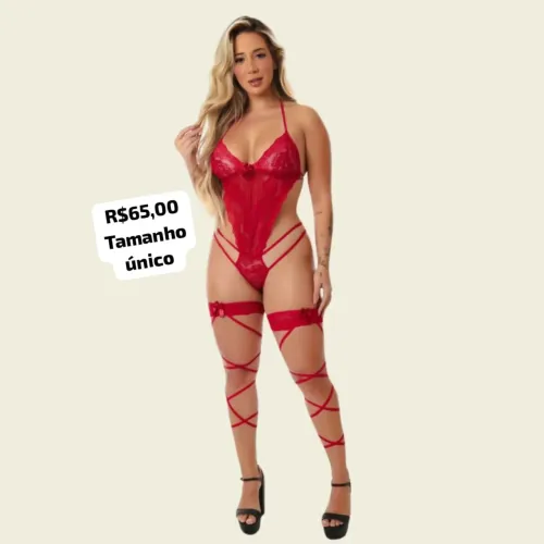 Lingerie Body de renda com liga - Vermelho