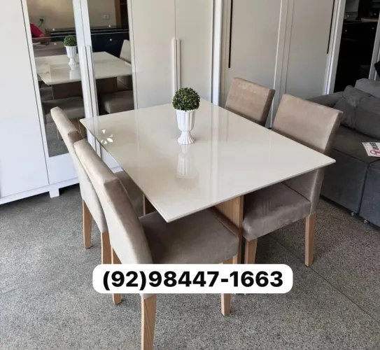 Mesa de jantar 4 Lugares 120x90 tampo de vidro off white