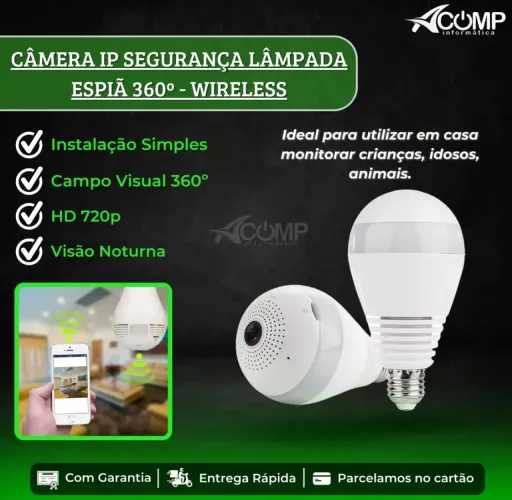 Câmera IP Segurança Lâmpada Espiã 360° - Wireless