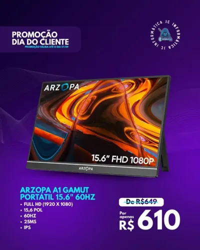 PROMOÇÃO DIA DO CLIENTE VÁLIDO ATÉ O DIA 17/09 MONITOR ARZOPA A1 GAMUT PORTÁTIL 15.6" 60HZ