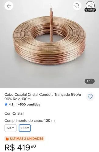 Cabo coaxial conduti trançado 59b/u 96% rolo de 100m