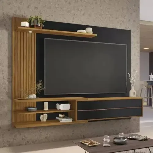 Painel Nt 1355 Ripado com Led e Puxador de Alumínio Off White/Freijó Trend