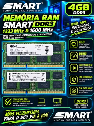 Memória Ram Smart 4 GB DDR3 1333 Mhz &1600 Mhz