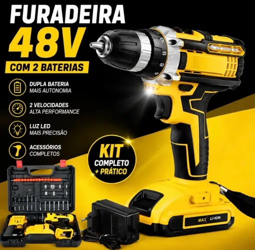 FURADEIRA E PARAFUSADEIRA SEM FIO 48V COM 2 BATERIAS + KIT COMPLETO
