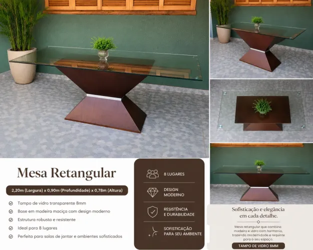 Mesa retangular com tampo de vidro de 8mm