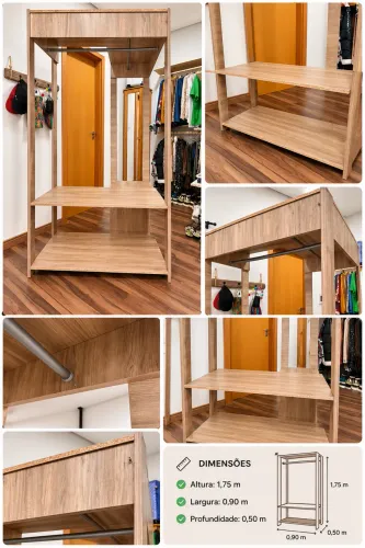 Arara de roupas de madeira com cabideiro de metal
