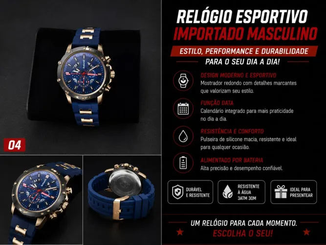 Relógio Masculino Esportivo Importado pulseira azul com detalhe dourado