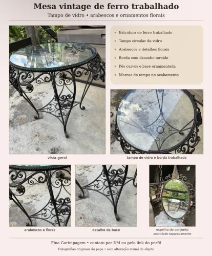 Mesa vintage de ferro trabalhado com tampo de vidro