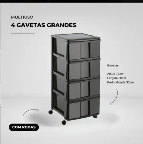 Cômoda Gaveteiro Porta Tudo Com 4 Gavetas E Rodas Grande