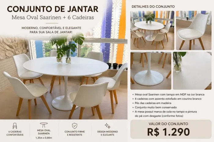 Mesa de Jantar Saarinen Branca com 6 Cadeiras - Excelente Estado